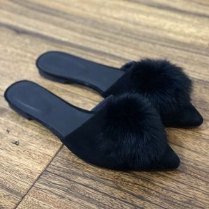 LPA pom pom flats from Revolve with rabbit fur